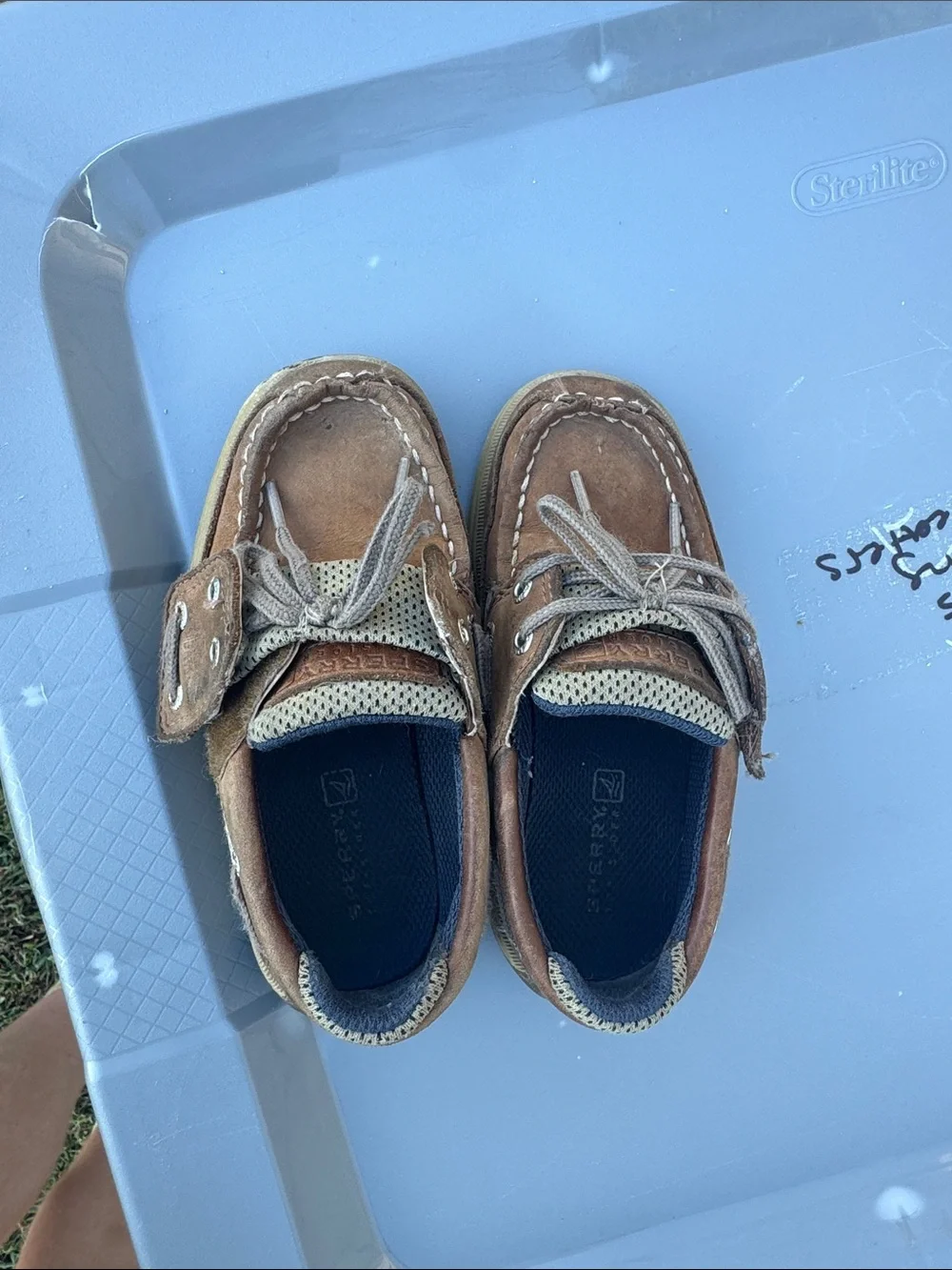 Sperry Kids Tan Brown Boat Shoes with Navy Lining